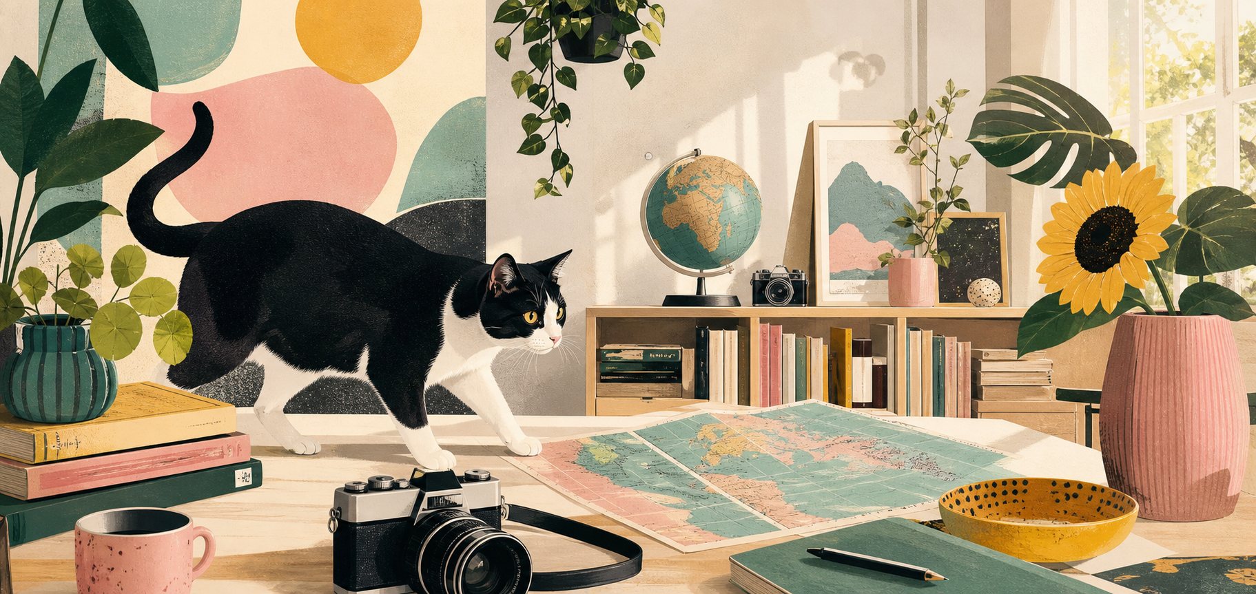 Nieuwsgierige kat in een kleurrijke studio